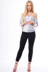 Navy Striped Crochet Trim Bardot Top - Nisha