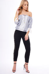 Navy Striped Crochet Trim Bardot Top - Nisha