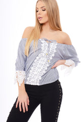 Navy Striped Crochet Trim Bardot Top - Nisha