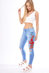 Light Blue Floral Embroidered Ripped Knee Skinny Jeans - Myah