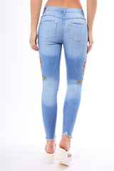 Light Blue Floral Embroidered Ripped Knee Skinny Jeans - Myah