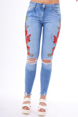 Light Blue Floral Embroidered Ripped Knee Skinny Jeans - Myah