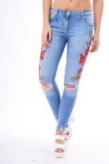 Light Blue Floral Embroidered Ripped Knee Skinny Jeans - Myah