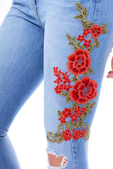 Light Blue Floral Embroidered Ripped Knee Skinny Jeans - Myah