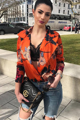 Rust Flower Print Plunge Satin Bodysuit - Madelynn