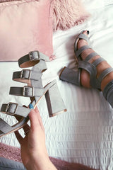 Grey Faux Suede Multi Buckle Block Heels - Briya