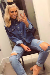 Dark Blue Dip Hem Denim Shirt - Abella