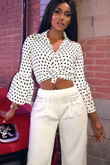 White and Black Polka Dot Shirt with Bell Sleeves - Harper