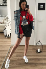 Red Sequin Embellished Rock Eagle Slogan Sweatshirt - Zaria