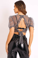 Silver Metallic Finish Tie Back Crop Top - Cymone