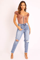 Light Denim Back Distressed Mom Jeans - Mio