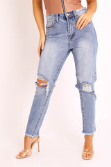 Light Denim Back Distressed Mom Jeans - Mio