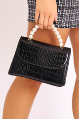 Black Faux Croc Pearl Top Handle Bag - Kallen