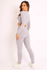 Grey Rib Ruched Front Crop Top Legging Loungewear Co-Ord - Victoria