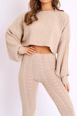 Beige Cable Knit Batwing Jumper Loungewear Set - Janea