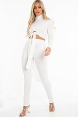 White Rib Asymmetric Tie Front Top Legging Loungewear Co-Ord - Sasha
