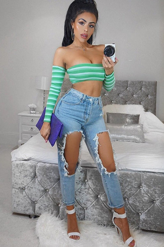 Green Striped Lace Up Front Crop Top - Cerys