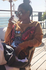 Mustard Sequin Embellished Rock Eagle Slogan Sweatshirt - Zaria