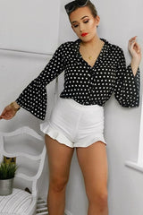 Black and White Polka Dot Shirt with Bell Sleeves - Harper