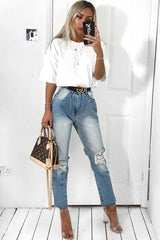 Light Denim Back Distressed Mom Jeans - Mio