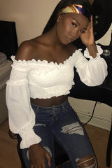 White Shirred Bardot Crop Top - Abisha