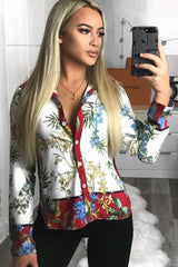Floral Button Down Blouse with Red Contrast - Katherine