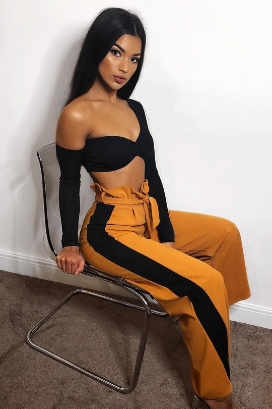 Mustard Paper Bag Tie Waist Wide Leg Trousers With Black Stripe - Kennedy