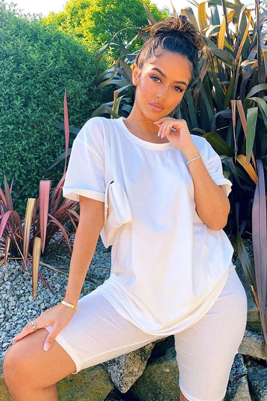 White Oversized T-shirt Cycling Shorts Co-ord - Bethanny