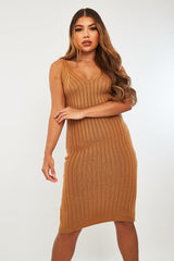 Camel Strappy Knit Midi Dress - Graciella