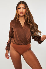 Chocolate Brown Satin Plunge Wrap Bodysuit - Penelopi