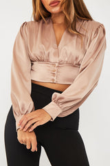 Stone Button Front Plunge Satin Crop Top - Khali