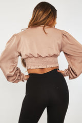 Stone Button Front Plunge Satin Crop Top - Khali