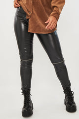Black Zip Knee Faux Leather Trouser - Fariza