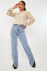 Beige Cable Front Round Neck Jumper - Idah