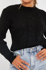Black Cable Front Round Neck Jumper - Idah