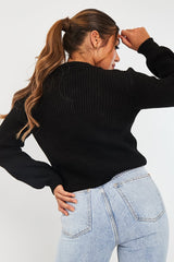 Black Cable Front Round Neck Jumper - Idah
