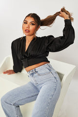 Black Button Front Plunge Satin Crop Top - Khali
