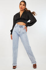Black Button Front Plunge Satin Crop Top - Khali