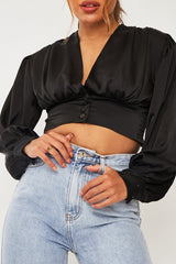 Black Button Front Plunge Satin Crop Top - Khali