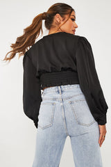 Black Button Front Plunge Satin Crop Top - Khali