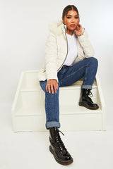 White Fur Trim Hood Puffer Coat - Reva