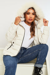 White Fur Trim Hood Puffer Coat - Reva