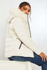 White Fur Trim Hood Puffer Coat - Reva