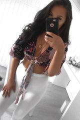 Rose Floral Print Satin Tie Crop Top - Kynslee
