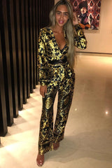 Black and Gold Scarf Print Plunge Jumpsuit - Ariza