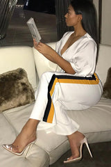 White with Mustard and Black Side Stripe Wide Leg Trousers - Wiley