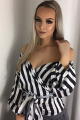 Black and White Striped Plunge Top with Ruched Sleeves - Semaya