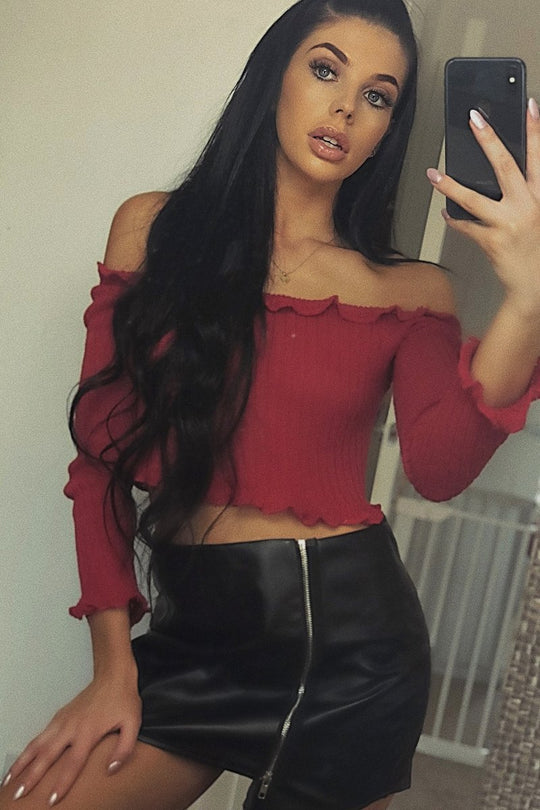 Red Knitted Bardot Frill Crop Top - Kesia