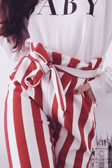 Red and White Striped Tie Waist Tapered Trousers - Dura