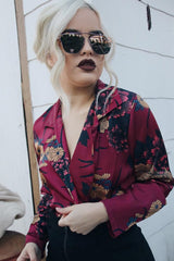 Wine Flower Print Plunge Satin Bodysuit - Madelynn